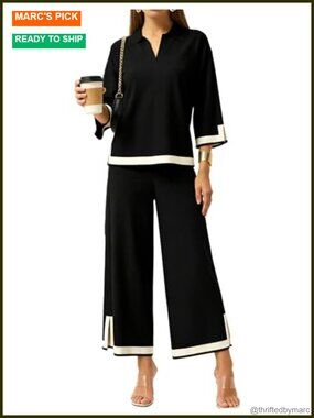 Women's 2 Piece Knit Lounge Set 3/4 Sleeve Wide Leg Palazzo Pants